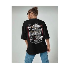 Trendseninle Osaka Baskılı Siyah Oversize Kadın T-shirt