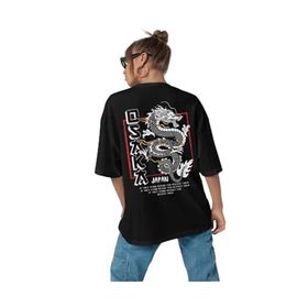 Trendseninle Osaka Baskılı Siyah Oversize Kadın T-shirt