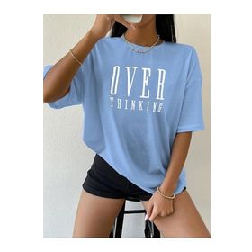 Trendseninle Over Thinking Baskılı Bebe Mavisi Oversize Kadın T-shirt