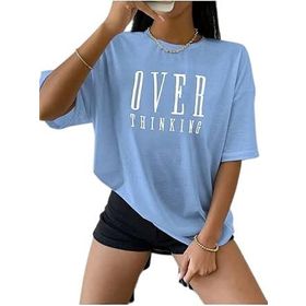 Trendseninle Over Thinking Baskılı Bebe Mavisi Oversize Kadın T-shirt