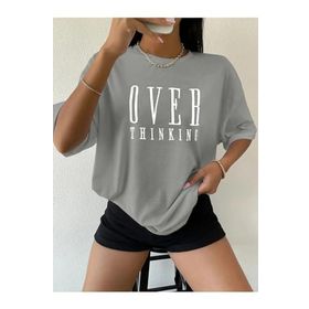 Trendseninle Over Thinking Baskılı Boyama Gri Oversize Kadın T-shirt