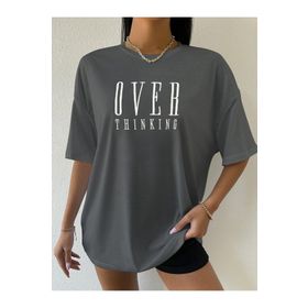 Trendseninle Over Thinking Baskılı Füme Oversize Kadın T-shirt