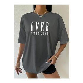 Trendseninle Over Thinking Baskılı Füme Oversize Kadın T-shirt