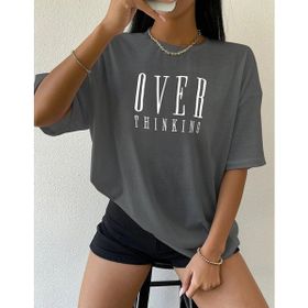 Trendseninle Over Thinking Baskılı Füme Oversize Kadın T-shirt