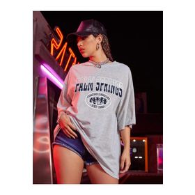 Trendseninle Palm Springs Gri Baskılı Gri Oversize Kadın T-shirt