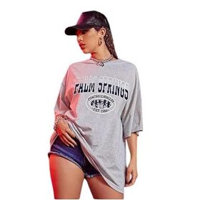 Trendseninle Palm Springs Gri Baskılı Gri Oversize Kadın T-shirt