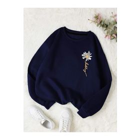 Trendseninle Papatya Baskılı Lacivert Bisiklet Yaka Kadın Sweatshirt