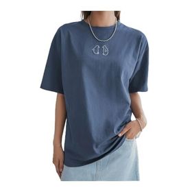 Trendseninle Penguen Baskılı İndigo Mavi Oversize Kadın T-shirt