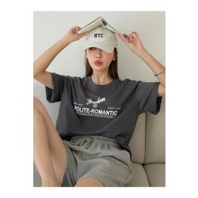 Trendseninle Polite-Romantic Baskılı Füme Oversize Kadın T-shirt