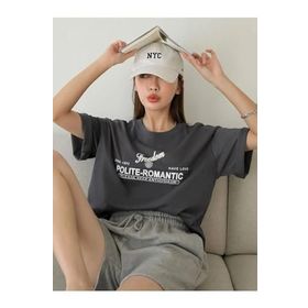 Trendseninle Polite-Romantic Baskılı Füme Oversize Kadın T-shirt