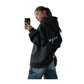 Trendseninle Present Baskılı Siyah Füme Oversize Kapüşonlu Kadın Sweatshirt