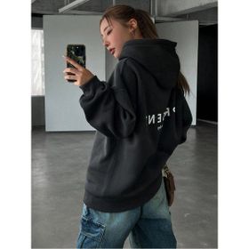 Trendseninle Present Baskılı Siyah Füme Oversize Kapüşonlu Kadın Sweatshirt