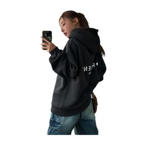 Trendseninle Present Baskılı Siyah Füme Oversize Kapüşonlu Kadın Sweatshirt