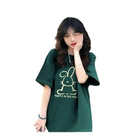 Trendseninle Printed Tavşan Baskılı Nefti Yeşil Oversize Kadın T-shirt