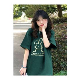 Trendseninle Printed Tavşan Baskılı Nefti Yeşil Oversize Kadın T-shirt