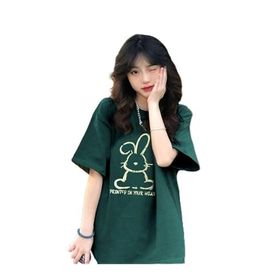 Trendseninle Printed Tavşan Baskılı Nefti Yeşil Oversize Kadın T-shirt