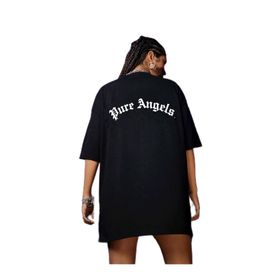 Trendseninle Pure Angels Baskılı Siyah Oversize Kadın T-shirt