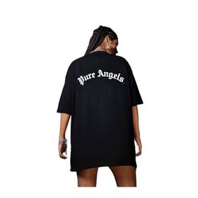 Trendseninle Pure Angels Baskılı Siyah Oversize Kadın T-shirt