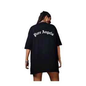 Trendseninle Pure Angels Baskılı Siyah Oversize Kadın T-shirt