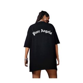 Trendseninle Pure Angels Baskılı Siyah Oversize Kadın T-shirt
