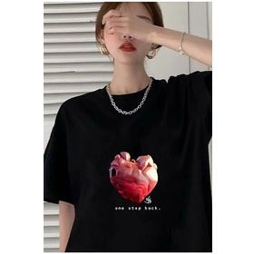 Trendseninle Red Heart World Baskılı Siyah Oversize Kadın T-shirt