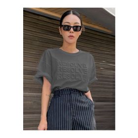 Trendseninle Resolve Baskılı Füme Oversize Kadın T-shirt