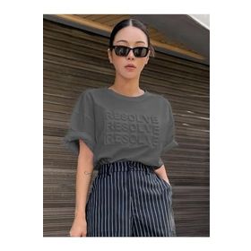Trendseninle Resolve Baskılı Füme Oversize Kadın T-shirt