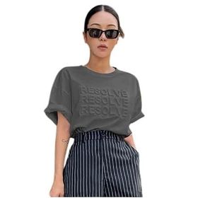 Trendseninle Resolve Baskılı Füme Oversize Kadın T-shirt