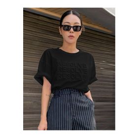 Trendseninle Resolve Baskılı Siyah Oversize Kadın T-shirt
