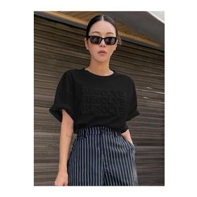 Trendseninle Resolve Baskılı Siyah Oversize Kadın T-shirt