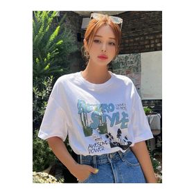 Trendseninle Retro Style Baskılı Beyaz Oversize Kadın T-shirt