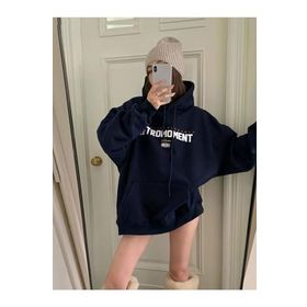 Trendseninle Retromoment Baskılı Lacivert Oversize Kapüşonlu Kadın Sweatshirt