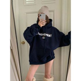 Trendseninle Retromoment Baskılı Lacivert Oversize Kapüşonlu Kadın Sweatshirt