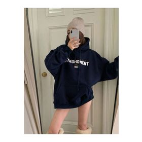 Trendseninle Retromoment Baskılı Lacivert Oversize Kapüşonlu Kadın Sweatshirt