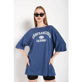 Trendseninle Sanfrancisco Est.1776 İndigo Mavi Oversize Kadın T-shirt