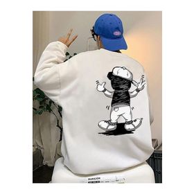 Trendseninle Şapkalı Ayıcık Baskılı Beyaz Oversize Erkek Sweatshirt