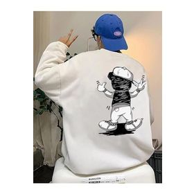 Trendseninle Şapkalı Ayıcık Baskılı Beyaz Oversize Erkek Sweatshirt