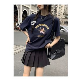 Trendseninle Scade Board Club Baskılı Lacivert Oversize Kadın T-shirt