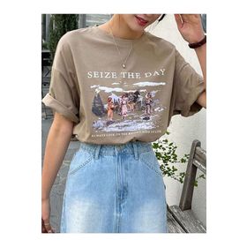 Trendseninle Seize The Day Baskılı Kahverengi Oversize Kadın T-shirt