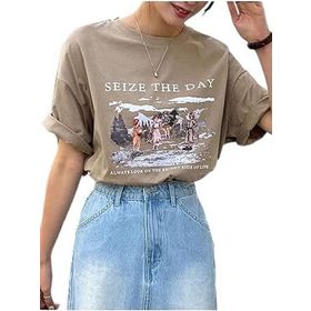 Trendseninle Seize The Day Baskılı Kahverengi Oversize Kadın T-shirt