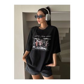 Trendseninle Seize The Day Baskılı Siyah Oversize Kadın T-shirt