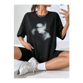 Trendseninle Shadow Baskılı Oversize Siyah Oversize Kadın T-shirt