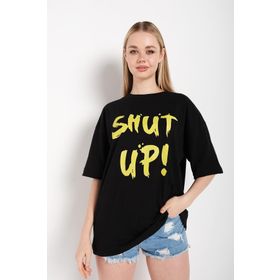 Trendseninle Shut Up Siyah Baskılı Oversize Kadın T-shirt