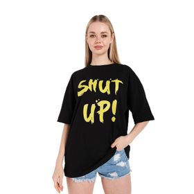 Trendseninle Shut Up Siyah Baskılı Oversize Kadın T-shirt