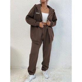 Trendseninle Sierra Nevada Baskılı Kahverengi Hırka Jogger Oversize Kadın Eşofman Takımı