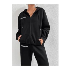 Trendseninle Sierra Nevada Baskılı Siyah Hırka Jogger Oversize Kadın Eşofman Takımı