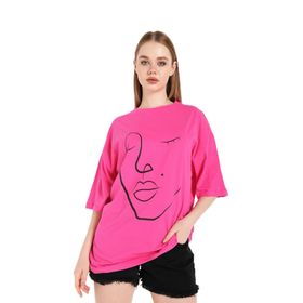 Trendseninle Silüet Tasarım Baskılı Fuşya Pembe Oversize Kadın T-shirt
