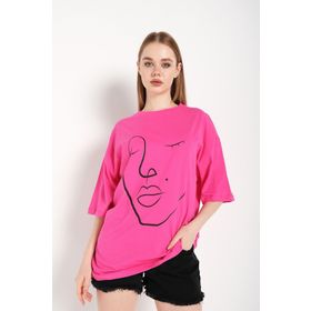 Trendseninle Silüet Tasarım Baskılı Fuşya Pembe Oversize Kadın T-shirt