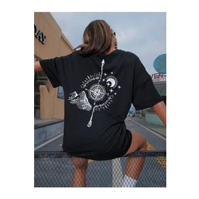 Trendseninle Sırt Pusula Baskılı Siyah Oversize Kadın T-shirt