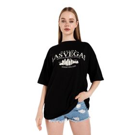 Trendseninle Siyah Las Vegas Baskılı Siyah Oversize Kadın T-shirt